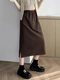 ブラウン スカート ミモレ丈 ウエストゴム 秋冬 シンプル