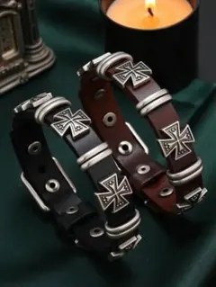 大活躍！レザー牛革十字架クロス★ブレスレット/バングル/腕輪　男女兼用　2カラー