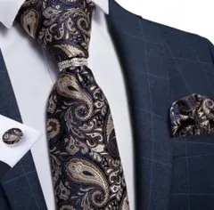 【4点セット】ネクタイペイズリー結婚式成人式ダークネイビーブルー青銀シルバー