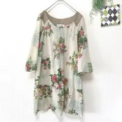 【スーパーハッカ】 花柄ブラウス 7分袖 チュニック M～L相当 薄手