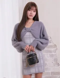 LIP SERVICE リボンフェザーアンサンブルニットワンピース ブルー