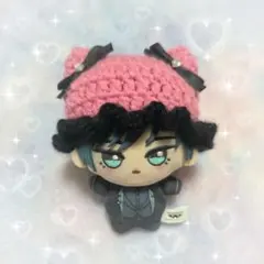 ちびぐるみ ぬい服 編み物 猫耳ニット帽 チェリーピンク×ブラック