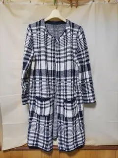 ◆紺のチェック柄ロングニットカーディガンM～Lサイズ