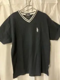 リブ編み Vネック 半袖シャツ 黒　Lサイズ