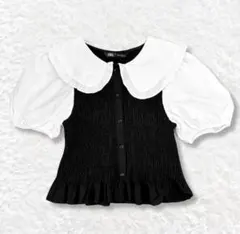 【ZARA】ビッグカラー フリル パフスリーブ ブラウス 黒白 S チビ ピタ