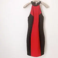 【XS】赤黒ノースリーブ タイトワンピース 膝丈 ハイネック パーティー
