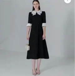 花柄レースカラー スパンコール刺繍 Aラインフレアドレス ワンピース　L