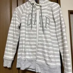 Gap グレー/ホワイトストライプ フルジップパーカー M 裏起毛