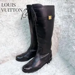 LOUIS VUITTON ルイヴィトン ロングブーツ レザー LVロゴ金具 黒