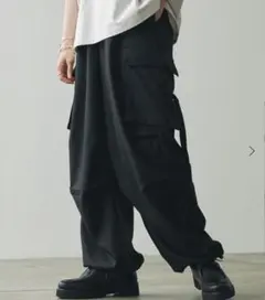 モノマート　TR綾ストレッチ ワイドスラックスカーゴパンツ　ブラック　L