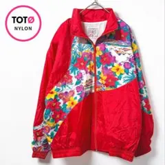 90s 花柄切替ナイロンジャケット 赤 M ユニセックス 派手 レトロ 古着