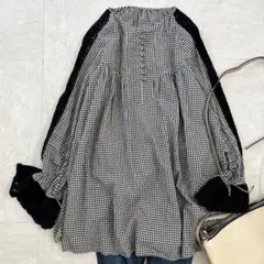 SHIPS シップス ギンガム レース タックブラウス くるみボタン 2wayのサムネイル
