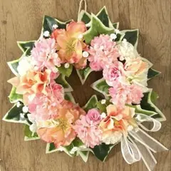 華やかフラワーリース　薔薇　ピンク系　造花　リボン付き　ハンドメイド　メルカリ便のサムネイル