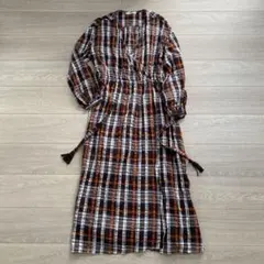 チェック柄カシュクールロングワンピース　カーディガン　コットン100% ブラウン