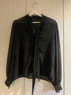 ZARA ブラック ドット柄 フリルブラウス 長袖