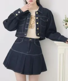 ダークデニム クロップドジャケット＆プリーツスカートセットアップ
