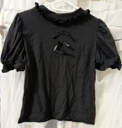 フリル襟 リボン装飾 半袖トップス 3連リボン ブラウス ニット