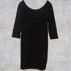 定番✨H&M【М】七分袖 膝丈ワンピース ブラック ストレッチ　コットン