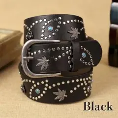 BFセール! スタッズベルト ウエスタンベルト　リーフ　ターコイズ風　ブラック