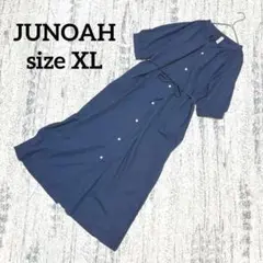 【JUNOAH】ロングワンピース シャツ ネイビー XL コットン カジュアル