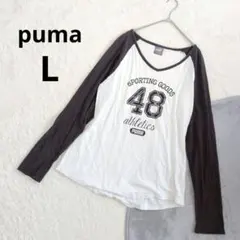 プーマ ▶ ナンバーカットソー L 白 グレー ラグランスリーブ 綿100%