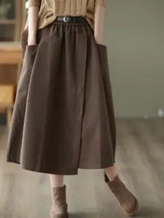 ポケット付き 着痩せ効果 Aライン レトロ ロングスカート 無地 早い者勝ち