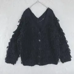 【ヘザー】レディース 長袖 フリンジニット カーディガン F ブラックのサムネイル
