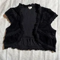 【Y2K】ブラックベルベットカーディガン 半袖 フリル付き