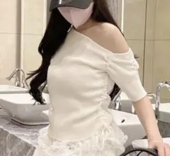 ワンショルダー リボン リブニット トップス ホワイト S M L オフショル