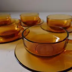 アデリア　アデレックス　アンバー硝子　カップ＆ソーサー　5客セット