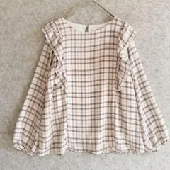 美品【グラシア】 フリル チェック柄 とろみ ブラウス プルオーバー (M)