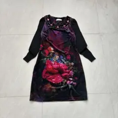 花柄 ベロアワンピース ビジュー ブラック 華やか 鮮やか 派手 アート
