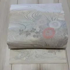 名古屋帯 絞り雲取り鹿の子と芝文に笹の葉模様 グレー 和装着物 正絹
