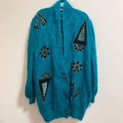 美品 グリーン 花柄刺繍 カーディガン ビーズ装飾 モヘア調 ビッグシルエット