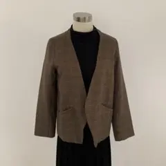 在庫セールDiscoat（ディスコート）チェック柄ノーカラージャケット ブラウン