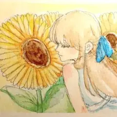 手書きオリジナルアナログイラスト 一点物 「向日葵と少女」