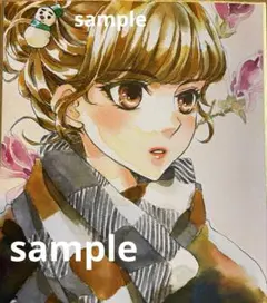 手描きイラスト　オリジナルイラスト　女の子　アナログ　水彩　色紙　原画