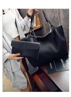 1328大容量 軽量薄型トートバッグ ブラック レザー　ポーチ付きトートバッグ