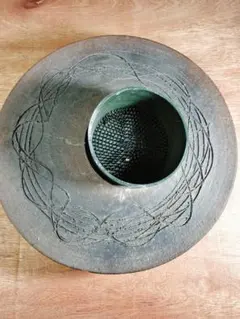 陶器 大型 丸水盤 剣山付き 約30cm 生け花 華道 花器 葉文様 昭和レトロ