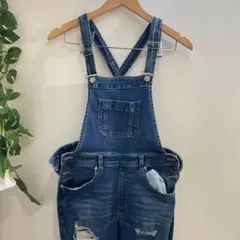 美品 L ブルー デニム ダメージ加工 スリムタイプ オーバーオール 細身