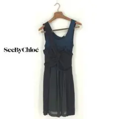 B0312/美品【I38/M相当】シーバイクロエ/ワンピース/紺 黒/リネン混