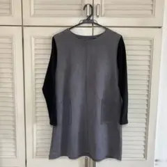 グレーと黒の異素材ドッキング長袖チュニック☆ワンピース☆サイズM〜Ｌ