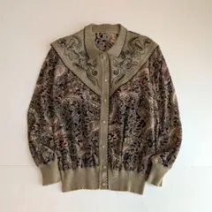 80s Vintage ペイズリー柄 異素材切替　刺繍カーディガン レトロ　古着のサムネイル