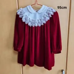 【レトロ】子供用 ベルベットワンピース 赤 襟レース 七草祝い 発表会 95A