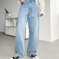 moment+ デニム&ツイルストレートパンツ