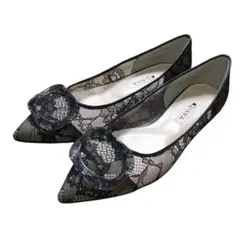 未使用品 DIANA ダイアナ パンプス 黒 23㎝ レース バックル フラット