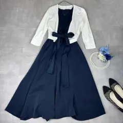 アサクラ　フレアベルト付プリーツロングドレス　m's selectカーディガン