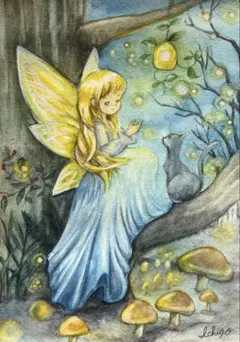 手描きイラスト　原画　水彩画　「光の中で」