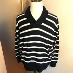 メンズ【美品 ZARAMAN ザラ】紺白 XL ボーダー ショールカラー ニットのサムネイル