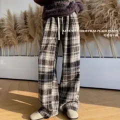 暖かチェック柄ワイドパンツ　茶系　秋冬用　ウエストゴム　ドローストリング